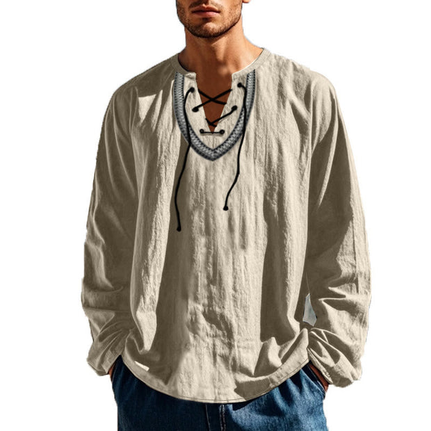 Buddha Stones Solid Color Fall Lace-up Men's V-Neck Long Sleeve Cotton Shirt - image 70