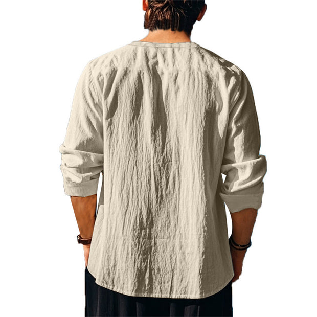Buddha Stones Solid Color Fall Lace-up Men's V-Neck Long Sleeve Cotton Shirt - image 65