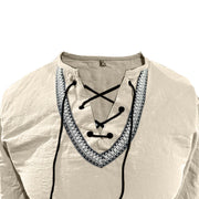Buddha Stones Solid Color Fall Lace-up Men's V-Neck Long Sleeve Cotton Shirt - image 71