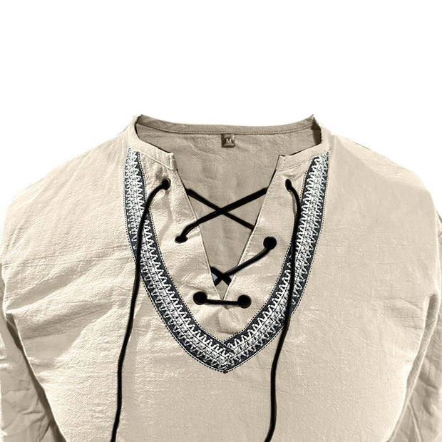 Buddha Stones Solid Color Fall Lace-up Men's V-Neck Long Sleeve Cotton Shirt - image 71