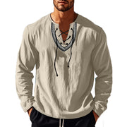 Buddha Stones Solid Color Fall Lace-up Men's V-Neck Long Sleeve Cotton Shirt - image 67