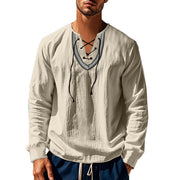 Buddha Stones Solid Color Fall Lace-up Men's V-Neck Long Sleeve Cotton Shirt - image 69