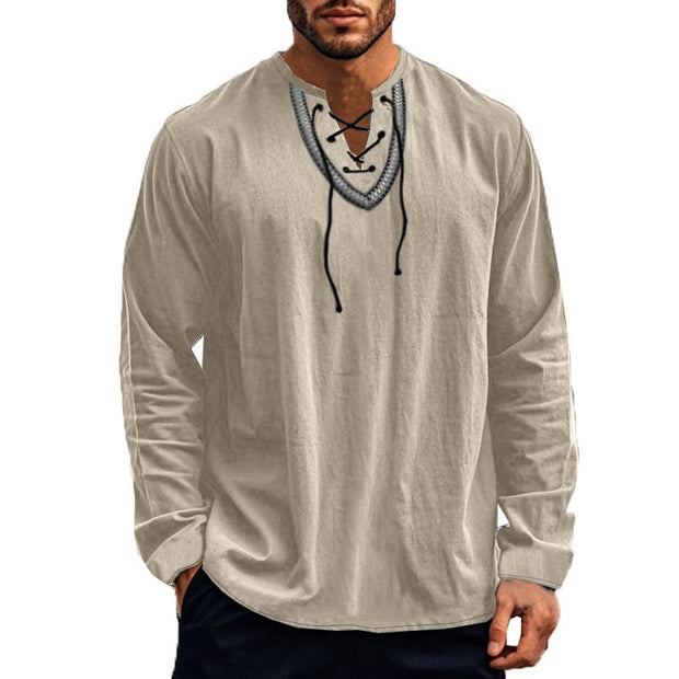 Buddha Stones Solid Color Fall Lace-up Men's V-Neck Long Sleeve Cotton Shirt - image 64