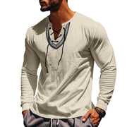 Buddha Stones Solid Color Fall Lace-up Men's V-Neck Long Sleeve Cotton Shirt - image 68