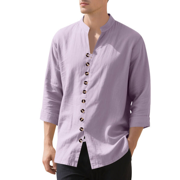 Buddha Stones Solid Color Buttons Fall Long Sleeve Linen Men's Shirt - Thistle - US/UK/AU46，EU56 (3XL) - image 71