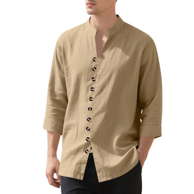 Buddha Stones Solid Color Buttons Fall Long Sleeve Linen Men's Shirt - Wheat - US/UK/AU46，EU56 (3XL) - image 2