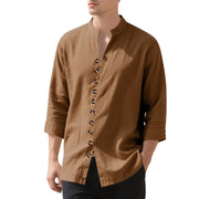Buddha Stones Solid Color Buttons Fall Long Sleeve Linen Men's Shirt - Peru - US/UK/AU46，EU56 (3XL) - image 57