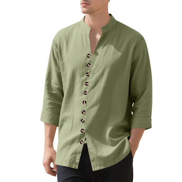 Buddha Stones Solid Color Buttons Fall Long Sleeve Linen Men's Shirt - DarkSeaGreen - US/UK/AU46，EU56 (3XL) - image 44