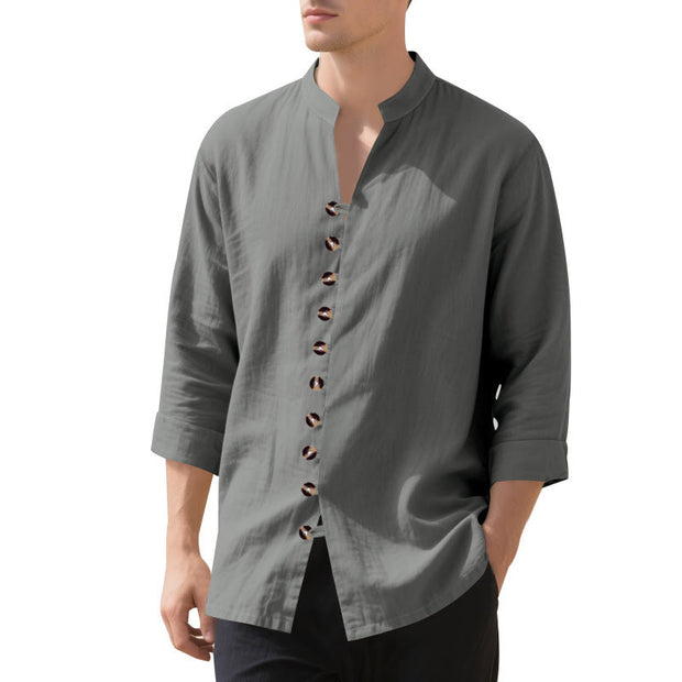 Buddha Stones Solid Color Buttons Fall Long Sleeve Linen Men's Shirt - Gray - US/UK/AU46，EU56 (3XL) - image 70