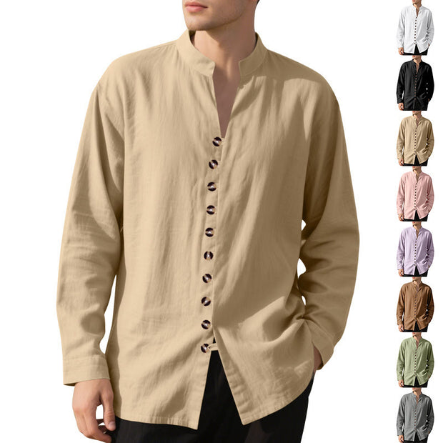 Buddha Stones Solid Color Buttons Fall Long Sleeve Linen Men's Shirt - image 1