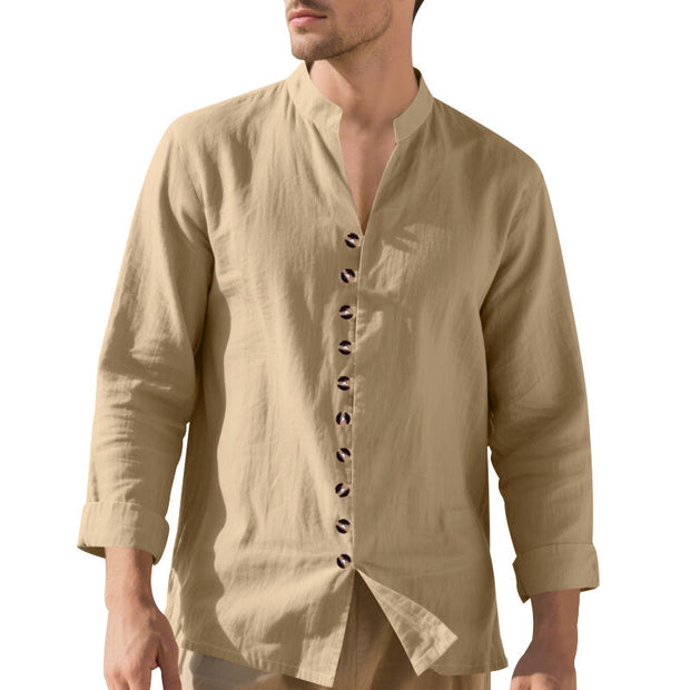 Buddha Stones Solid Color Buttons Fall Long Sleeve Linen Men's Shirt - image 3