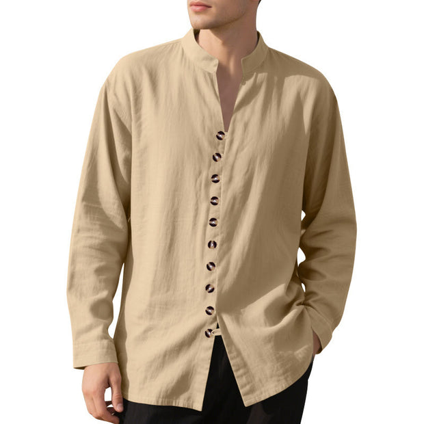 Buddha Stones Solid Color Buttons Fall Long Sleeve Linen Men's Shirt - image 4