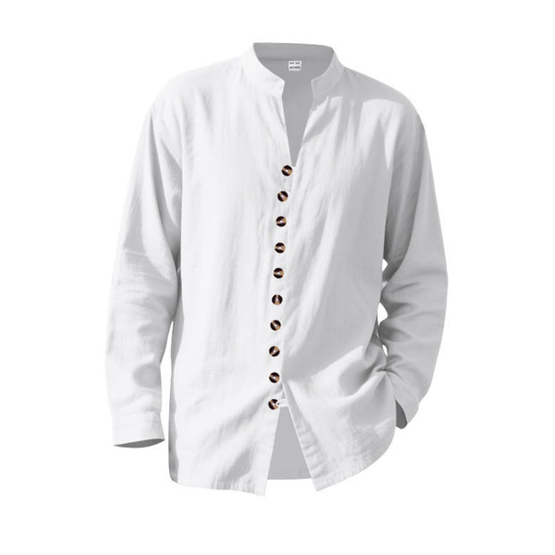 Buddha Stones Solid Color Buttons Fall Long Sleeve Linen Men's Shirt - image 15