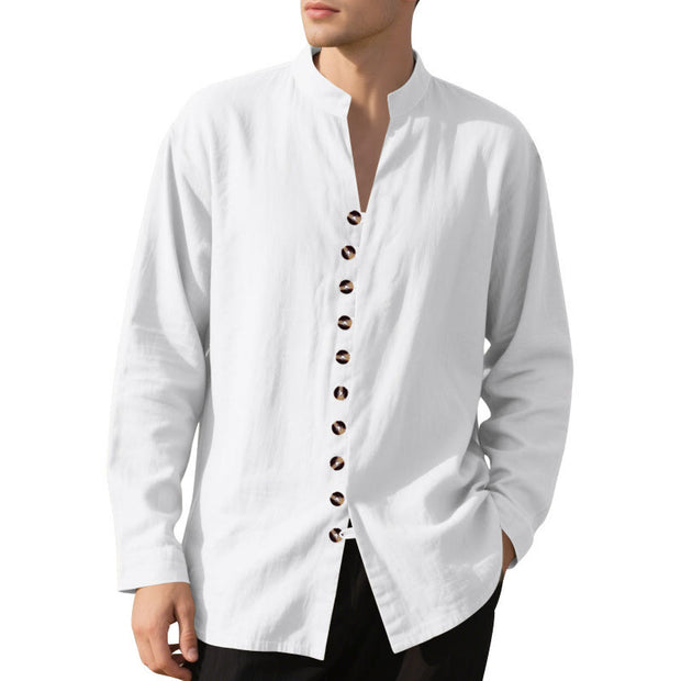 Buddha Stones Solid Color Buttons Fall Long Sleeve Linen Men's Shirt - image 14