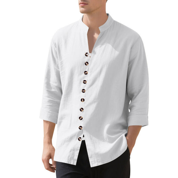 Buddha Stones Solid Color Buttons Fall Long Sleeve Linen Men's Shirt - image 11