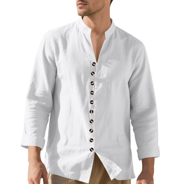 Buddha Stones Solid Color Buttons Fall Long Sleeve Linen Men's Shirt - image 13