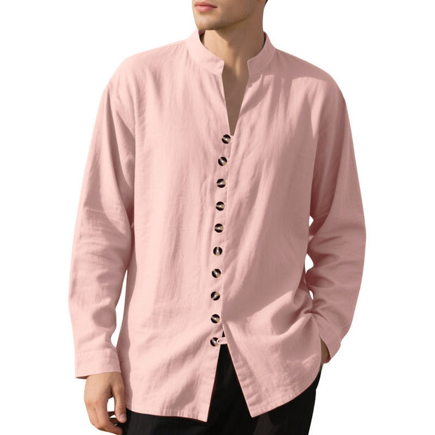 Buddha Stones Solid Color Buttons Fall Long Sleeve Linen Men's Shirt - image 24