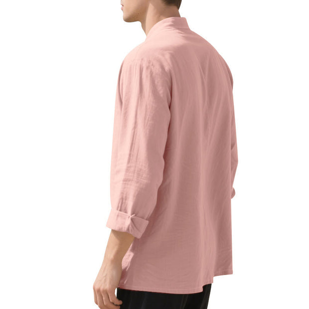 Buddha Stones Solid Color Buttons Fall Long Sleeve Linen Men's Shirt - image 25