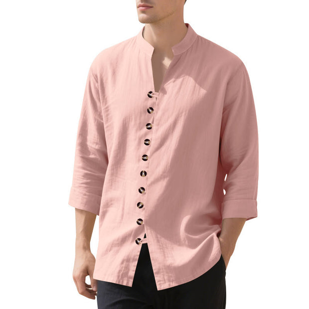Buddha Stones Solid Color Buttons Fall Long Sleeve Linen Men's Shirt - image 26