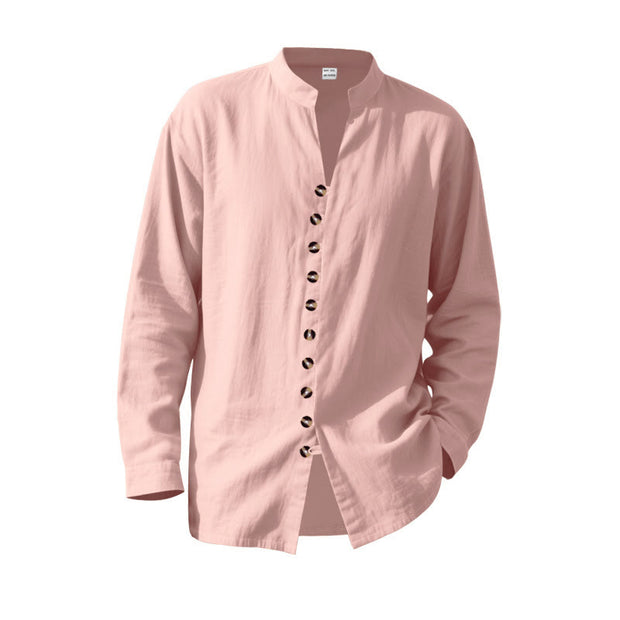 Buddha Stones Solid Color Buttons Fall Long Sleeve Linen Men's Shirt - image 29