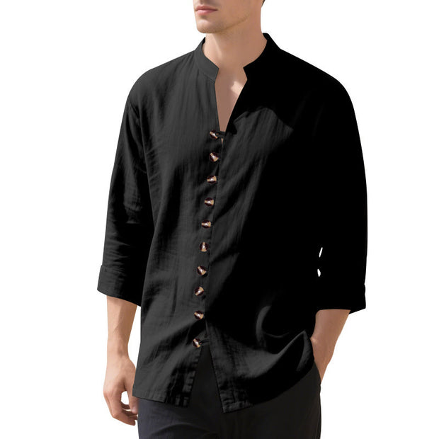 Buddha Stones Solid Color Buttons Fall Long Sleeve Linen Men's Shirt - image 40