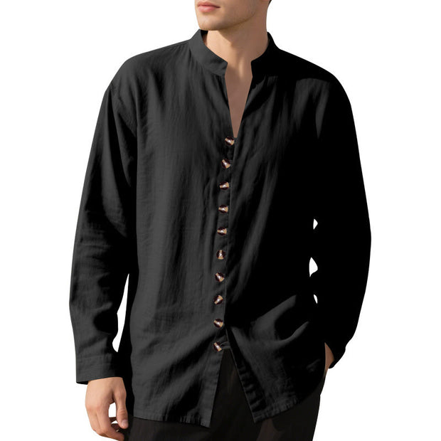 Buddha Stones Solid Color Buttons Fall Long Sleeve Linen Men's Shirt - image 37