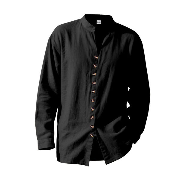 Buddha Stones Solid Color Buttons Fall Long Sleeve Linen Men's Shirt - image 41