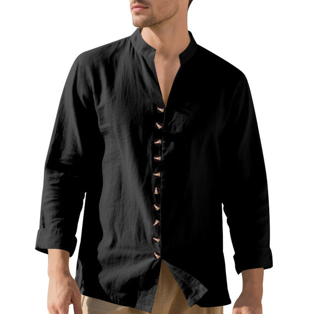 Buddha Stones Solid Color Buttons Fall Long Sleeve Linen Men's Shirt - image 39