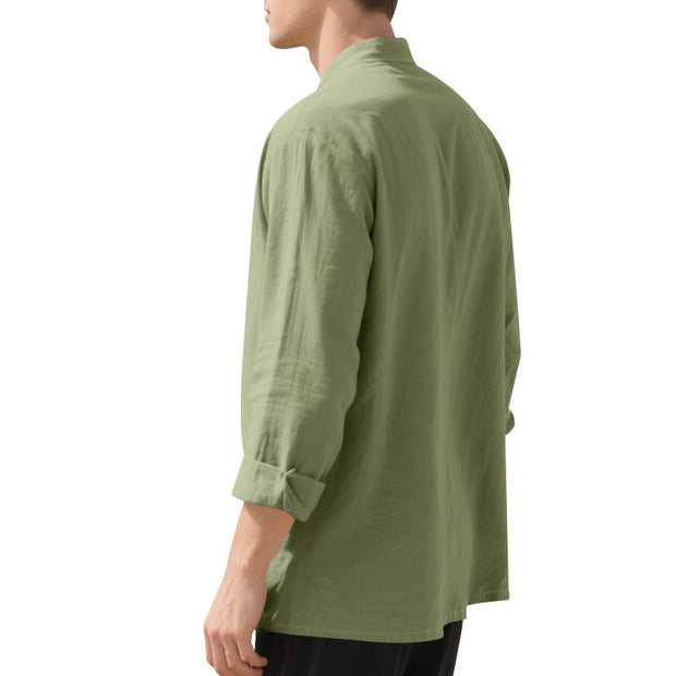 Buddha Stones Solid Color Buttons Fall Long Sleeve Linen Men's Shirt - image 51