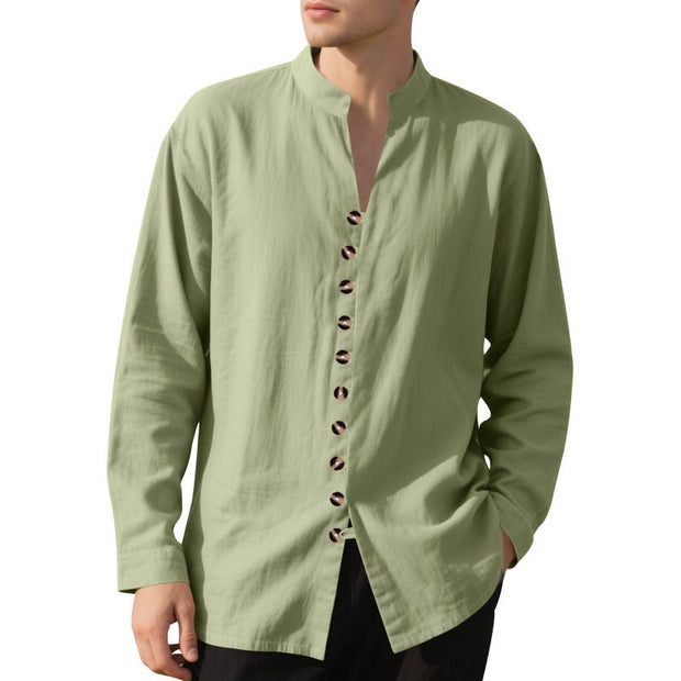 Buddha Stones Solid Color Buttons Fall Long Sleeve Linen Men's Shirt - image 50