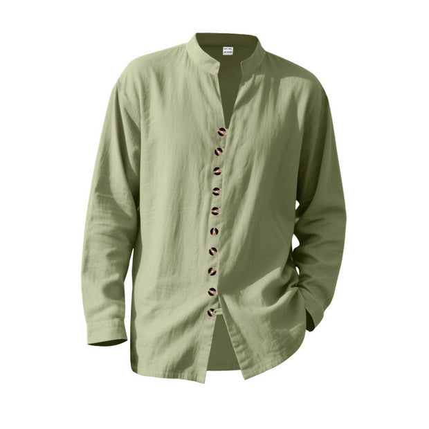 Buddha Stones Solid Color Buttons Fall Long Sleeve Linen Men's Shirt - image 54