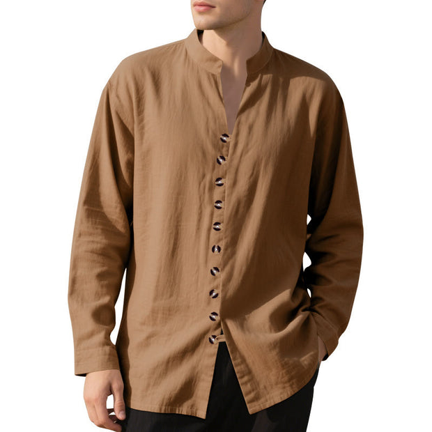 Buddha Stones Solid Color Buttons Fall Long Sleeve Linen Men's Shirt - image 63