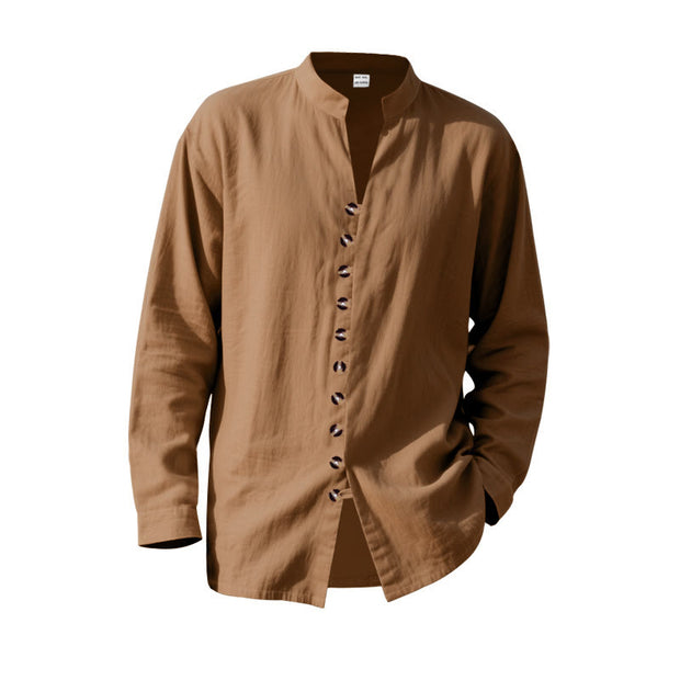 Buddha Stones Solid Color Buttons Fall Long Sleeve Linen Men's Shirt - image 67