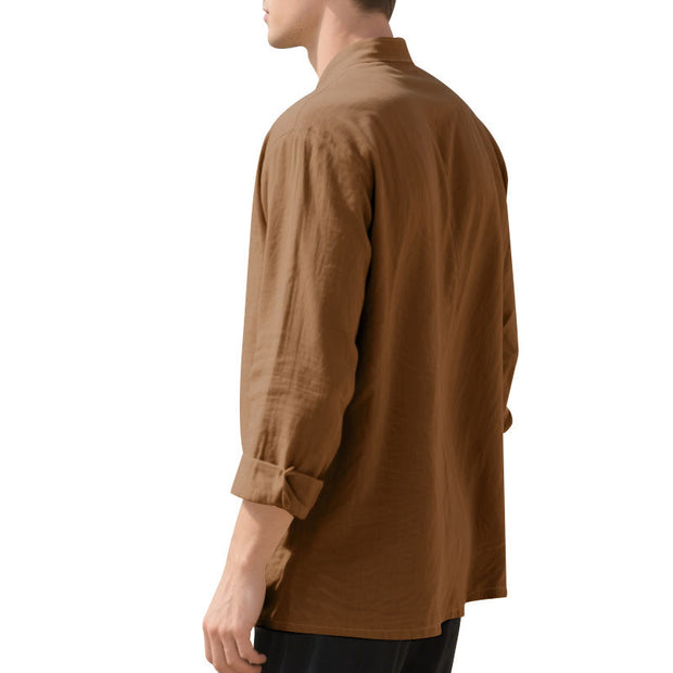 Buddha Stones Solid Color Buttons Fall Long Sleeve Linen Men's Shirt - image 64