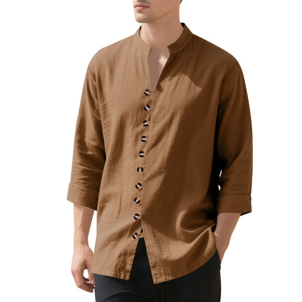 Buddha Stones Solid Color Buttons Fall Long Sleeve Linen Men's Shirt - image 65