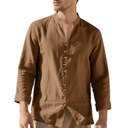 Buddha Stones Solid Color Buttons Fall Long Sleeve Linen Men's Shirt - image 66