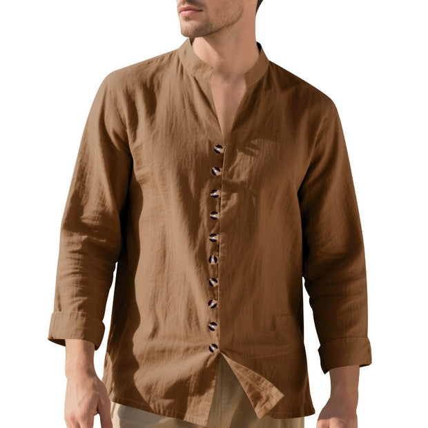 Buddha Stones Solid Color Buttons Fall Long Sleeve Linen Men's Shirt - image 66