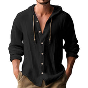 Buddha Stones Solid Color Long Sleeve Hooded Drawstring Buttons Linen Men's Shirt - Black - US/UK/AU44，EU54 (3XL) - image 1
