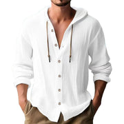 Buddha Stones Solid Color Long Sleeve Hooded Drawstring Buttons Linen Men's Shirt - White - US/UK/AU44，EU54 (3XL) - image 4