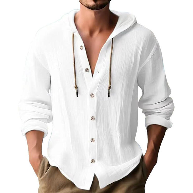 Buddha Stones Solid Color Long Sleeve Hooded Drawstring Buttons Linen Men's Shirt - White - US/UK/AU44，EU54 (3XL) - image 4