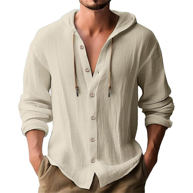Buddha Stones Solid Color Long Sleeve Hooded Drawstring Buttons Linen Men's Shirt - Beige - US/UK/AU44，EU54 (3XL) - image 25