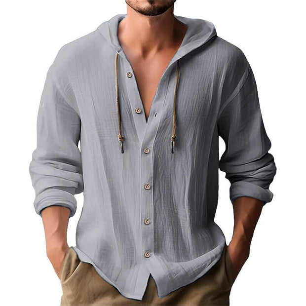 Buddha Stones Solid Color Long Sleeve Hooded Drawstring Buttons Linen Men's Shirt - DarkGray - US/UK/AU44，EU54 (3XL) - image 11