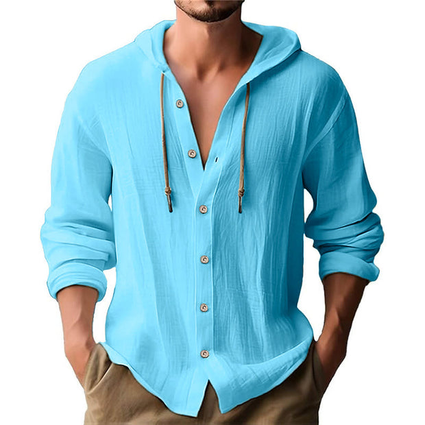 Buddha Stones Solid Color Long Sleeve Hooded Drawstring Buttons Linen Men's Shirt - LightSkyBlue - US/UK/AU44，EU54 (3XL) - image 18