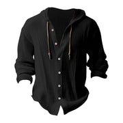 Buddha Stones Solid Color Long Sleeve Hooded Drawstring Buttons Linen Men's Shirt - image 2