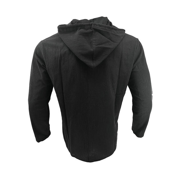 Buddha Stones Solid Color Long Sleeve Hooded Drawstring Buttons Linen Men's Shirt - image 3