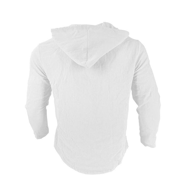 Buddha Stones Solid Color Long Sleeve Hooded Drawstring Buttons Linen Men's Shirt - image 6