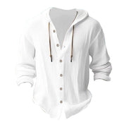 Buddha Stones Solid Color Long Sleeve Hooded Drawstring Buttons Linen Men's Shirt - image 5