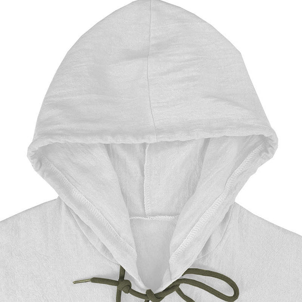Buddha Stones Solid Color Long Sleeve Hooded Drawstring Buttons Linen Men's Shirt - image 7