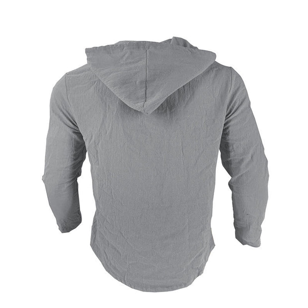 Buddha Stones Solid Color Long Sleeve Hooded Drawstring Buttons Linen Men's Shirt - image 12