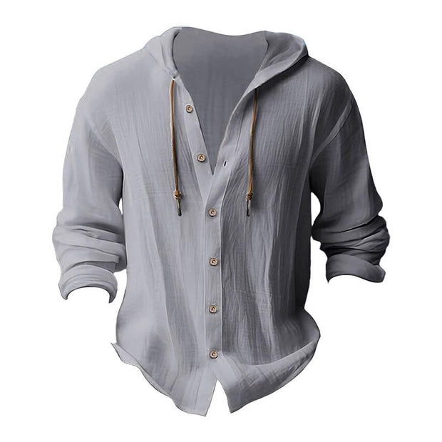 Buddha Stones Solid Color Long Sleeve Hooded Drawstring Buttons Linen Men's Shirt - image 13
